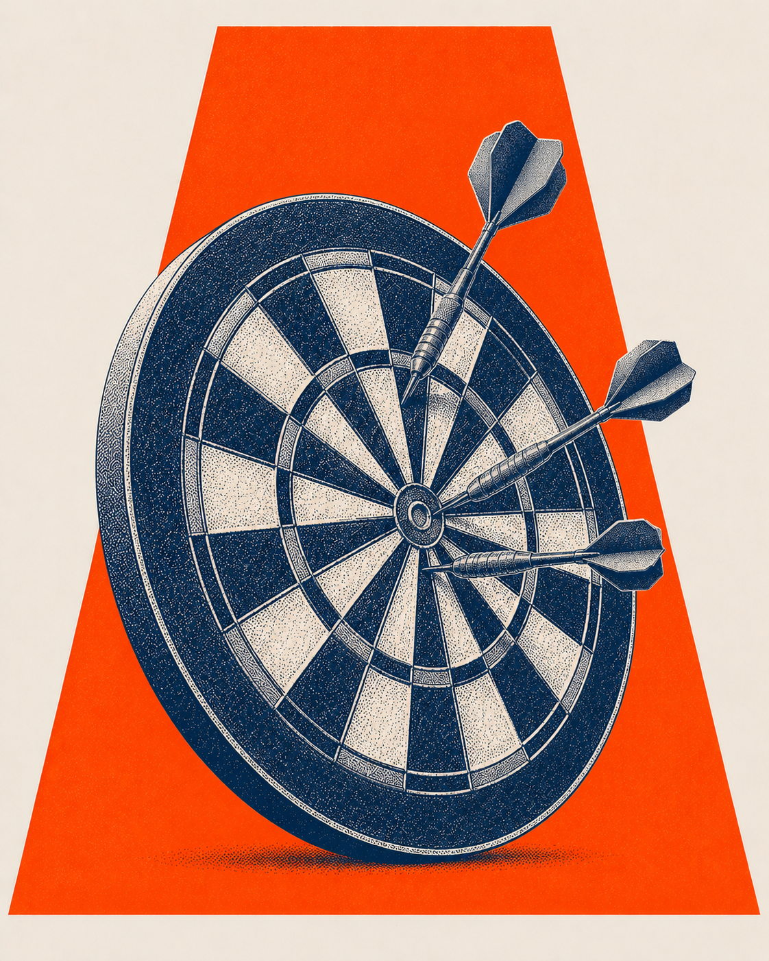 Illustration of a compass sun motif surrounded by a pencil, needle, chair and arrow.