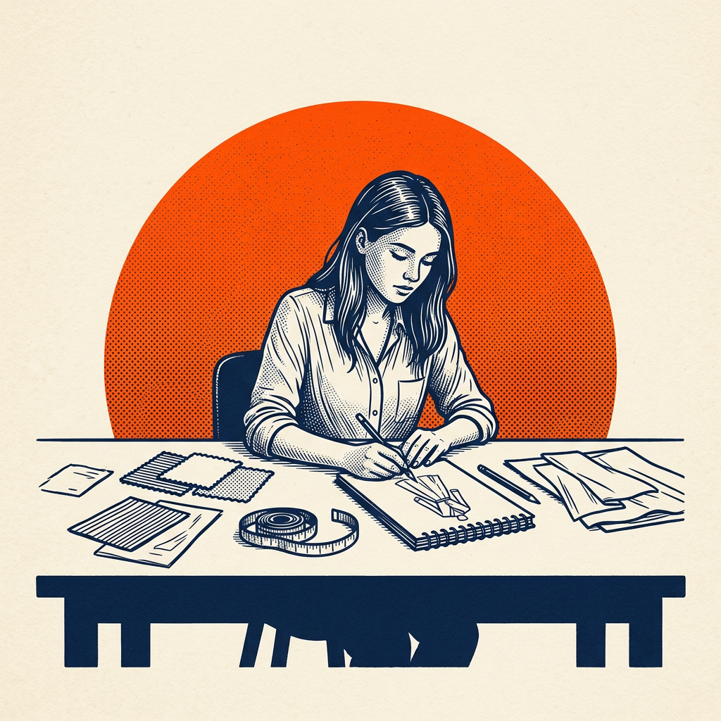 Editorial illustration of a young fashion designer sketching a garment at her studio table.