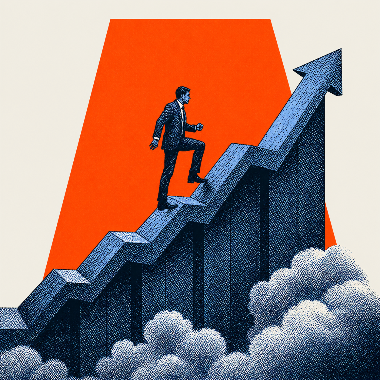Illustration of a person climbing an upward arrow staircase, representing entrepreneurial growth.