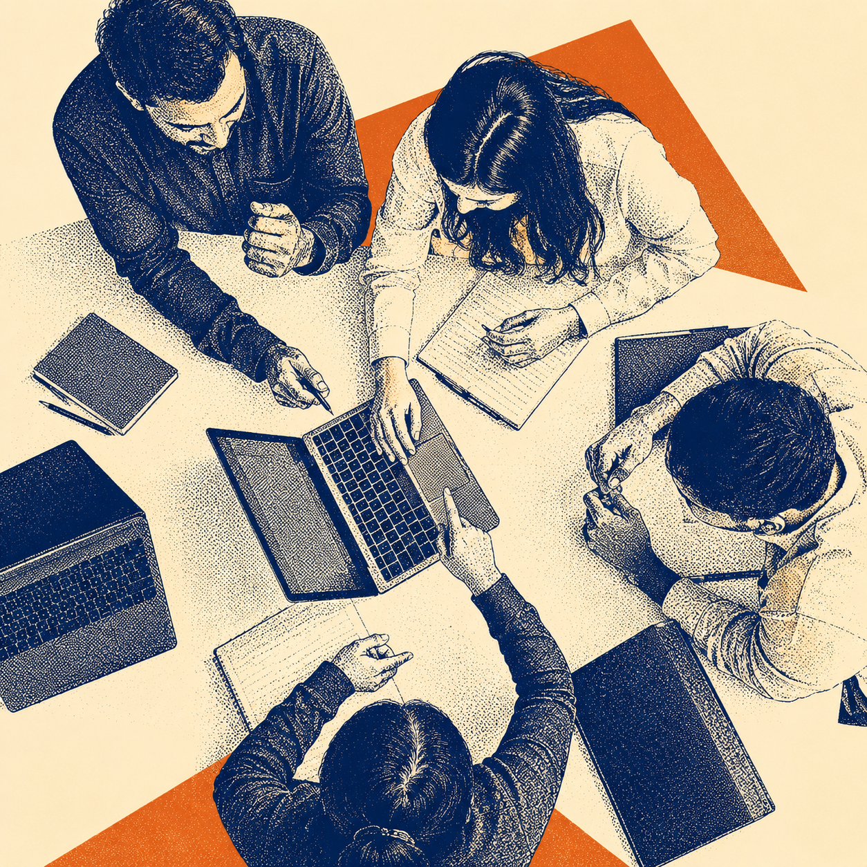Illustration of students collaborating around a laptop and notebooks during a studio session.