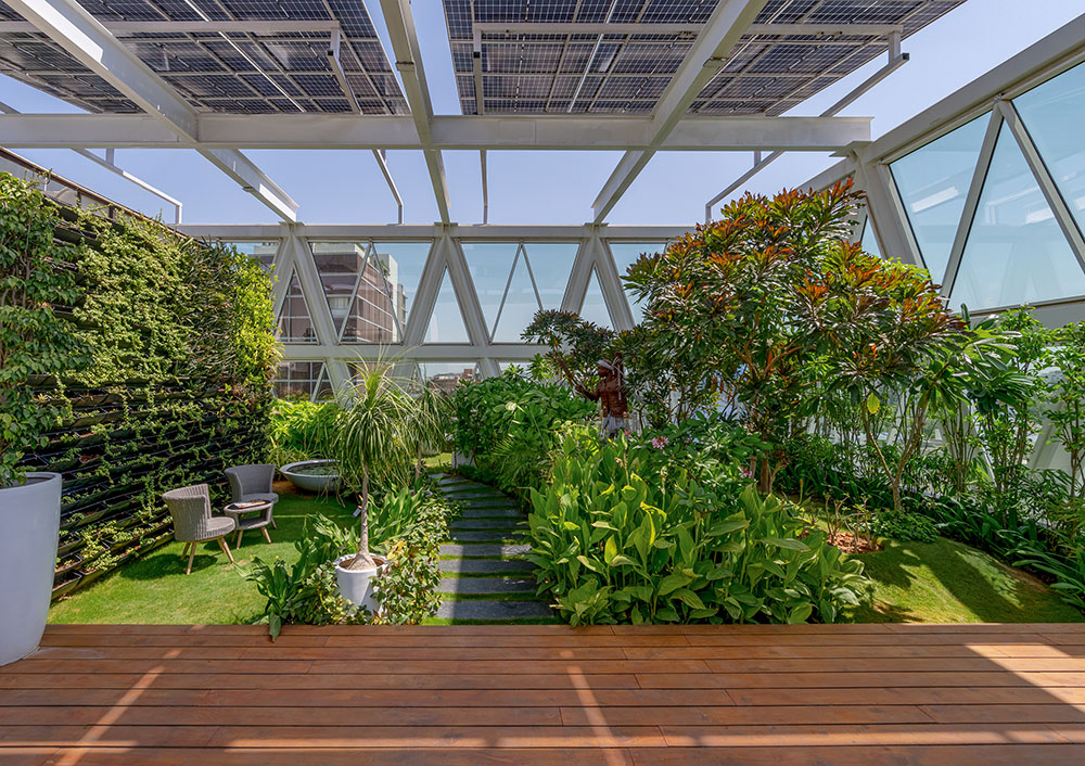 Rooftop garden with solar panels at ADI Ahmedabad