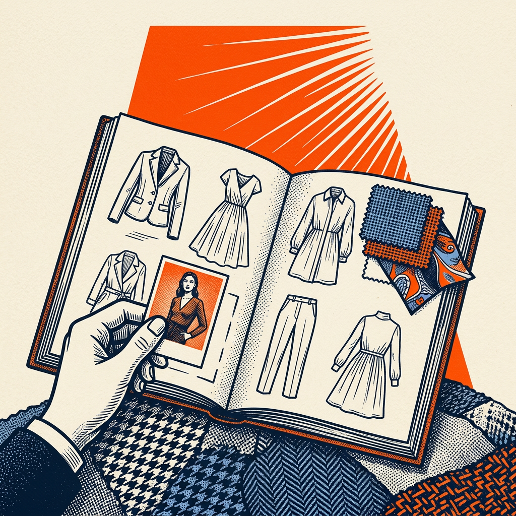 Editorial illustration of an open fashion portfolio with sketches and fabric swatches.