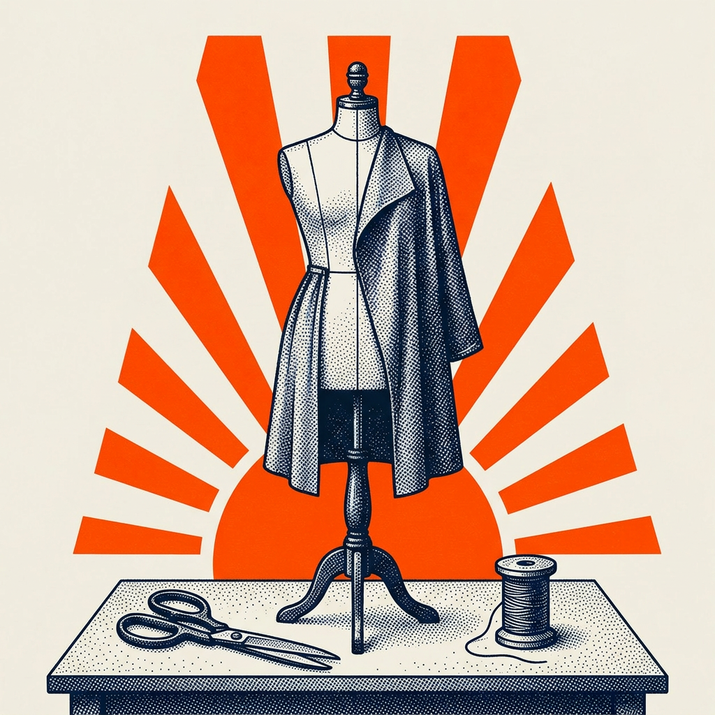 Editorial illustration of a tailor's dress form with a draped garment in progress.