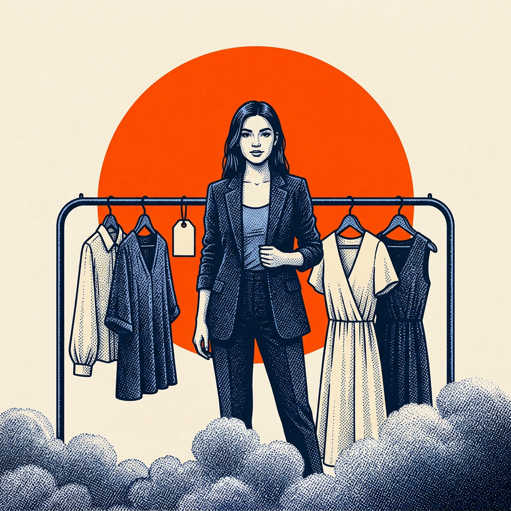 Editorial illustration of a young fashion entrepreneur in front of her own clothing rack.