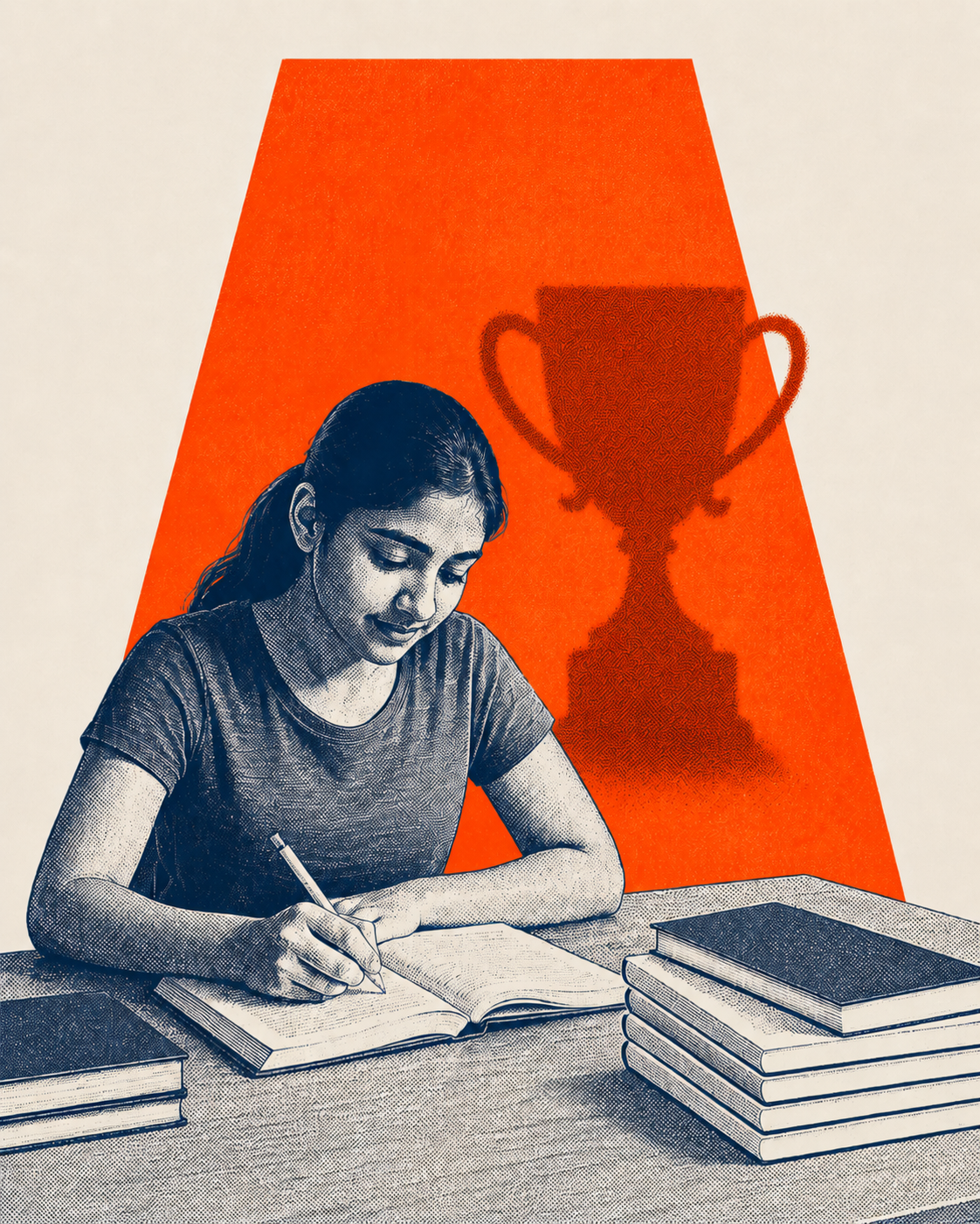 Illustration of a student studying with books and a trophy silhouette, representing disciplined creative achievement.