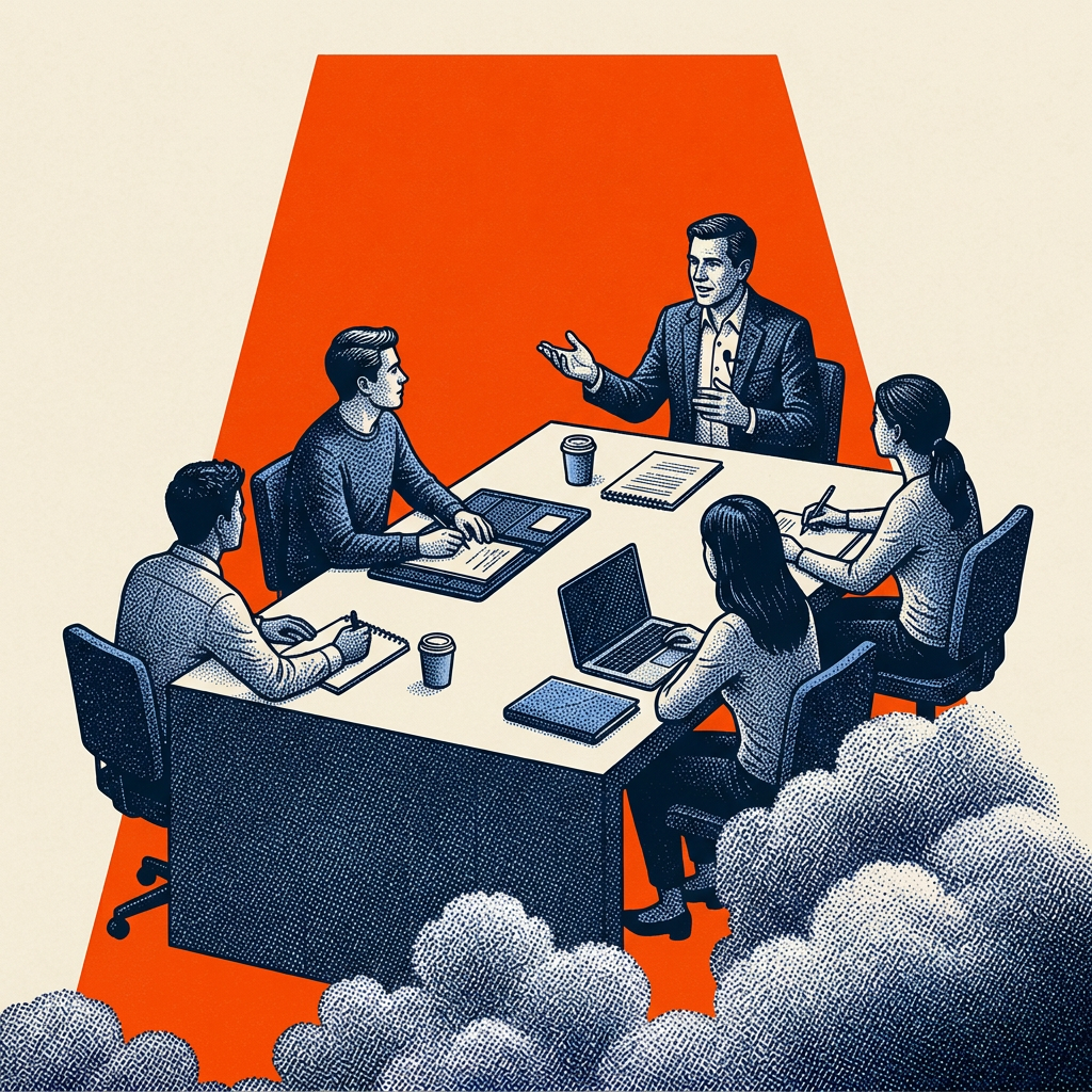Illustration of an industry expert leading a masterclass with students around a studio table.