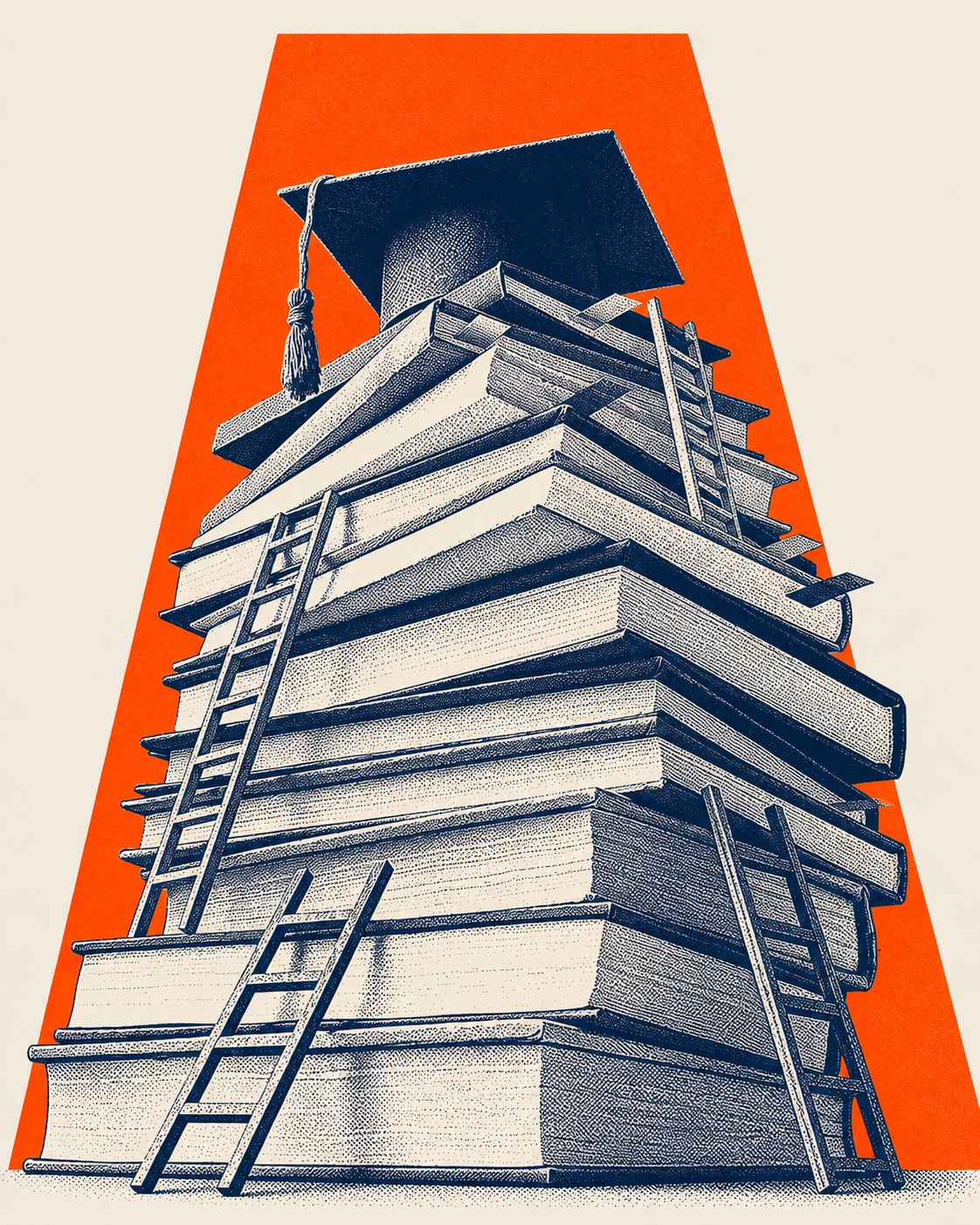 Illustration of a tall stack of books and certificates with a tree growing from the top, representing legacy.