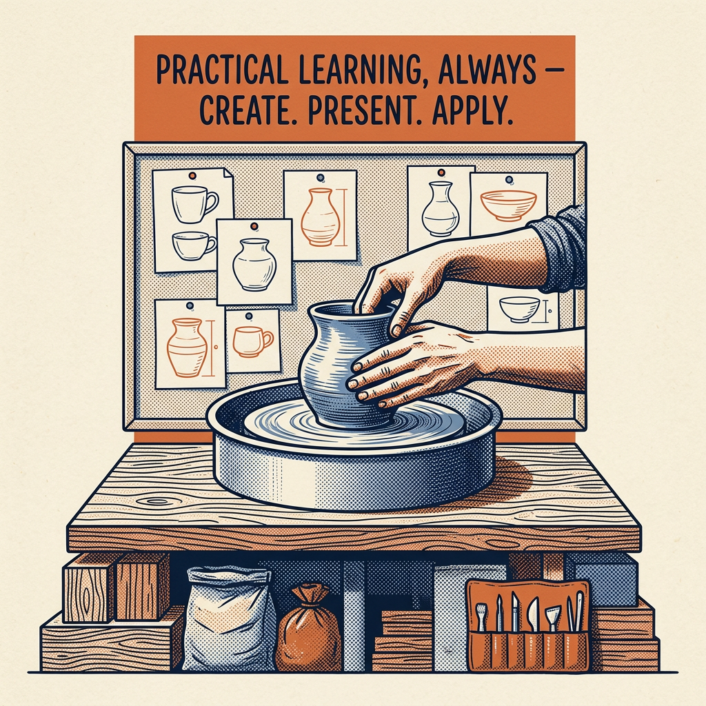 Illustration of hands shaping clay on a pottery wheel with sketches pinned on a board behind.